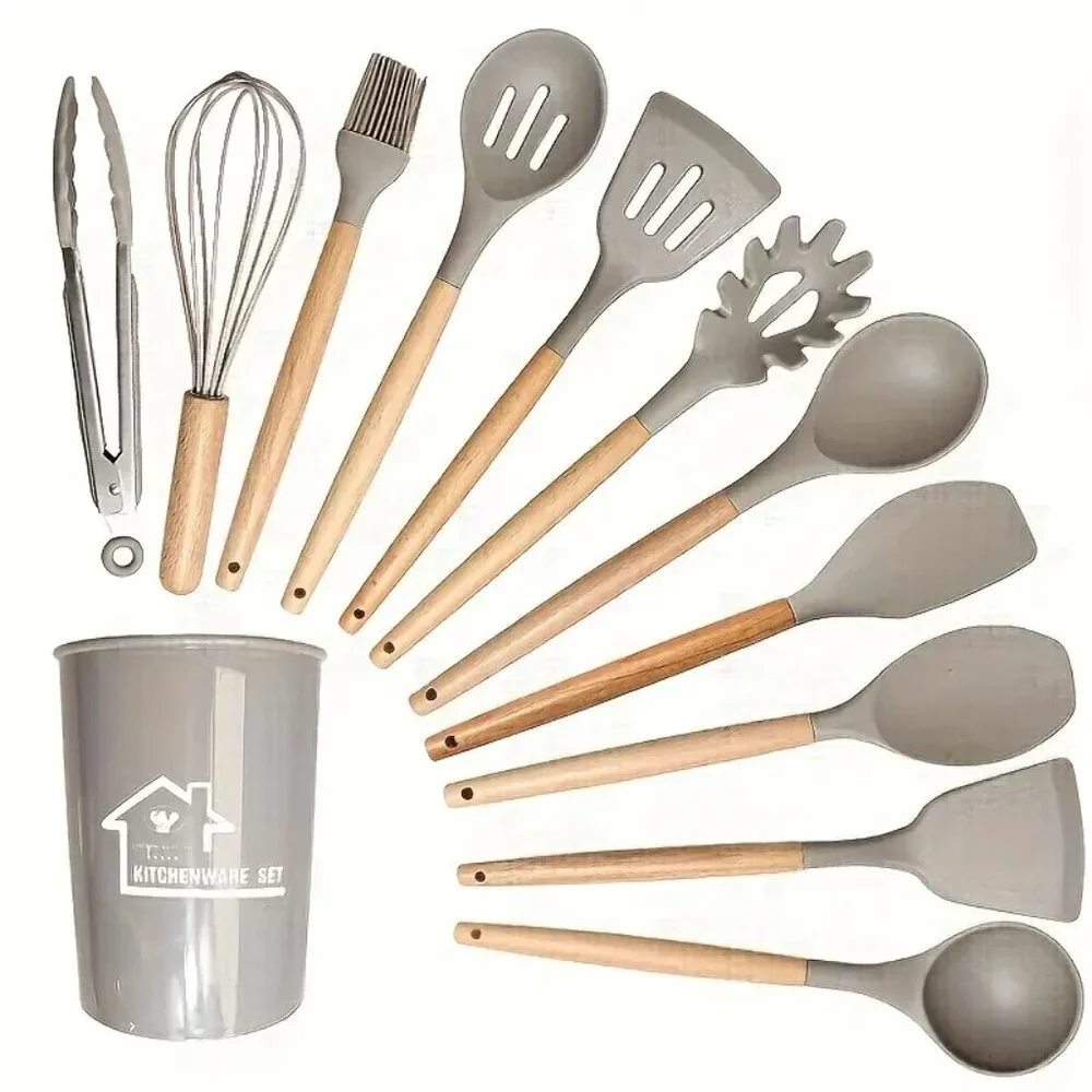 12pcs Non-Stick Silicone Kitchenware Utensil Set with Ergonomic Wooden Handle